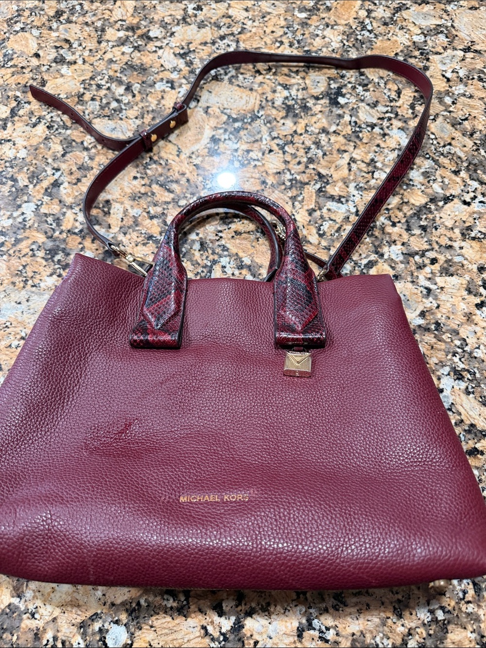 Michael Kors Burgundy Leather Satchel with Snake-Print Handles